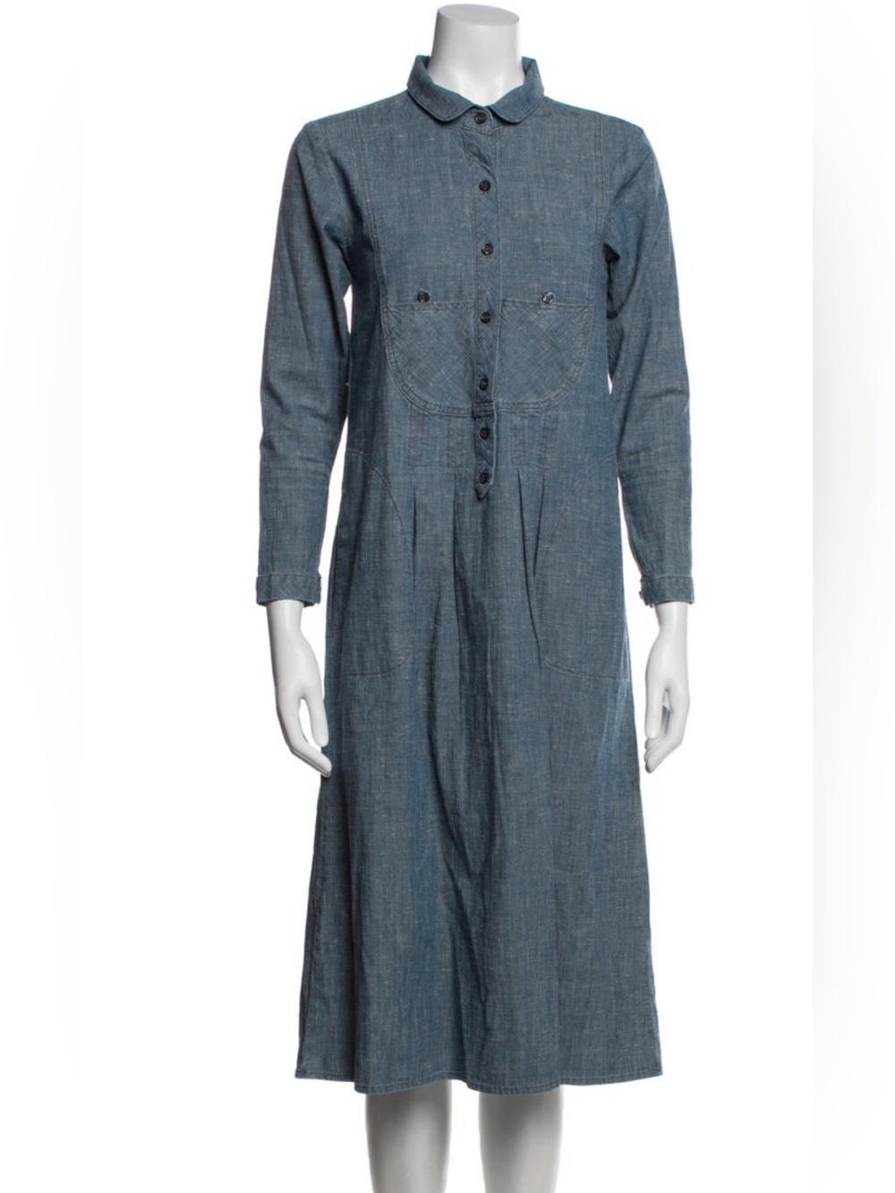 THE GREAT. Blue Long-Sleeve Chambray Button Dress - Picture 1 of 3